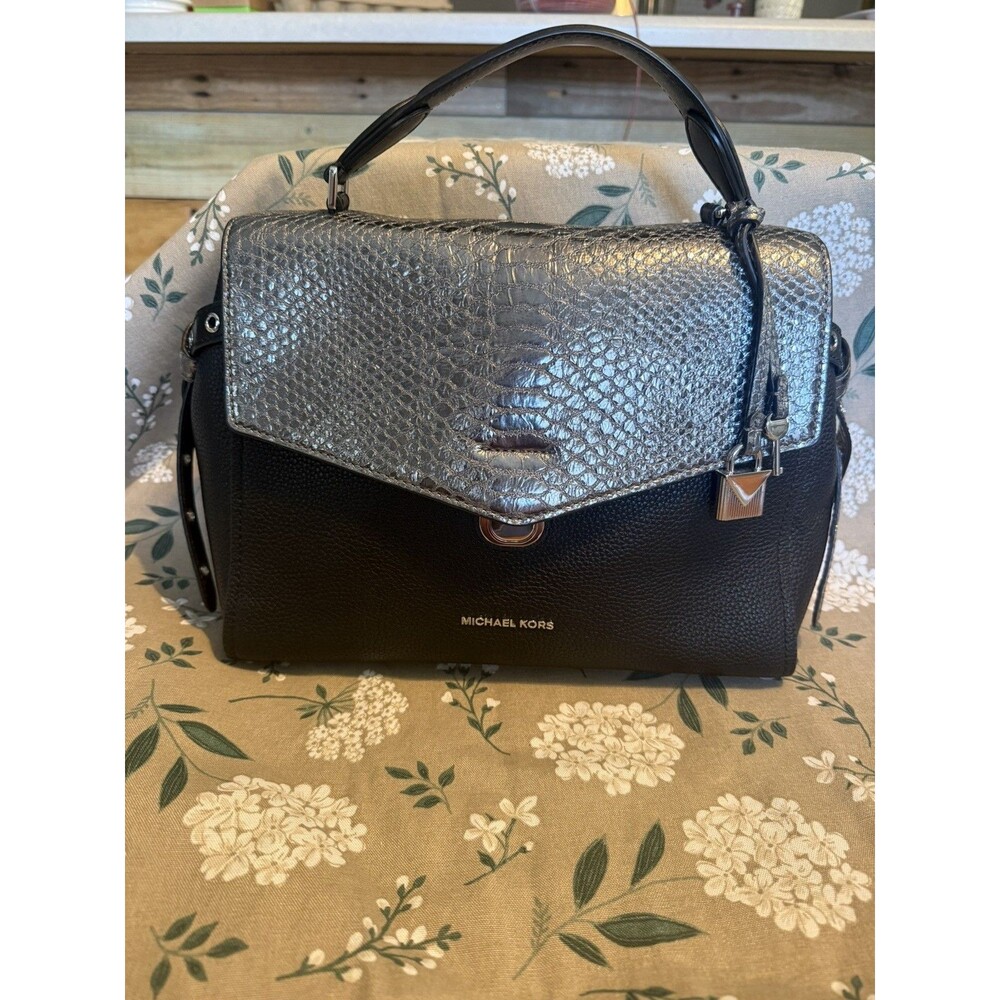 Michael Kors Bristol Medium Satchel Bag in Black & Pewter